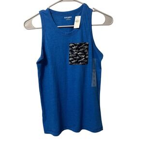 Old Navy Kids Blue Shark Print Pocket Tank Top Size L 10 12 Beach Summer
